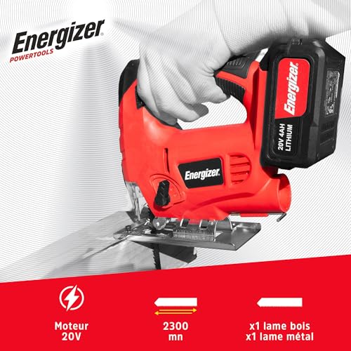 Energizer – Akku-Stichsäge 20 Volt – 2300 OPM, Schnitt in Holz 80 mm/Metall 6 mm – Inklusive 2 Akkus 20V 2AH + Ladegerät – Schneller werkzeugloser Sägeblattwechsel, Staubabsaugung – Zubehör inklusiv