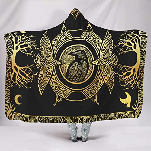 Norse Raven Viking Hooded Blanket Soft Warm Gold Odin's Crow Viking Throw Blanket Plush Fleece Blanket Wearable Blanket Hoodie Blanket For Adults And Children (Color : A, Size : 80x60in/150x200cm)