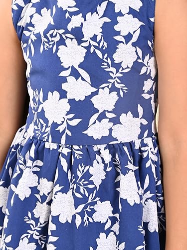 Image of LILPICKS Floral Printed Sleeveless Criss Cross Back Fit n Flare DressFor Girls (Blue)