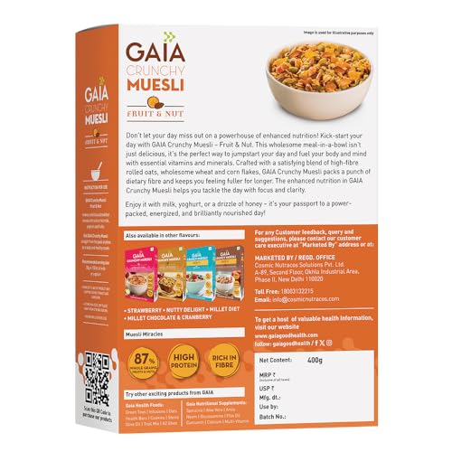 Image of GAIA Crunchy Muesli Fruit and Nut, High Fiber, Source of Protein,Source of Iron,No Trans Fat,Zero Cholesterol,Ideal Breakfast Choice 400 gm (Pack of 2)