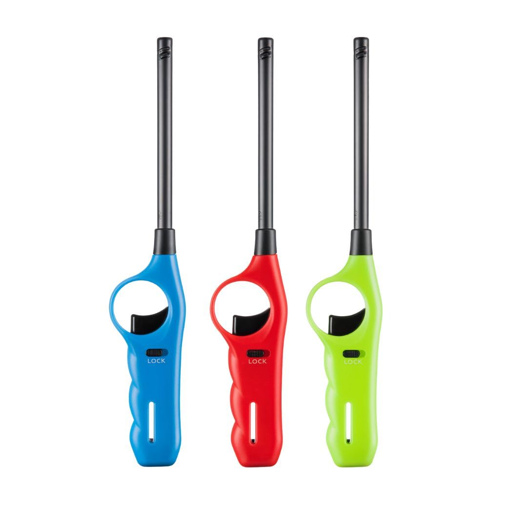 ezkart Pack of 3 Large BBQ Lighters Refillable Safety Gas with Assorted Colours Suitable for Kitchen, Barbecue, Candles, Camping, Cooking, BBQs, Fireworks etc