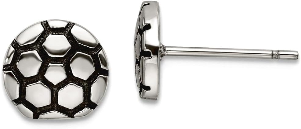 Stainless Steel Oxidized and Polished Soccer Ball Post Earrings 9.22x9.07mm Wide Ball Earring for Women