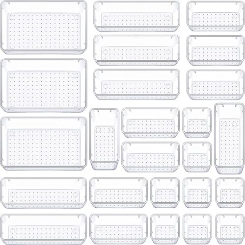 [25 PCS] Clear Plastic Drawer Organizer Set, Desk Drawer Divider Organizers and Storage Bins for Makeup, Jewelry, Gadgets for Kitchen, Bedroom, Bathroom, Office (Clear, 25 PCS)