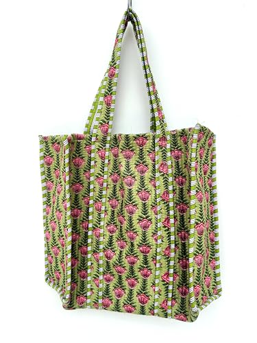 Image of Quilted Cotton Handprinted Reversible Large multicolor Floral Tote Bag,Hand Block Print Shopping Shoulder Carry Bag