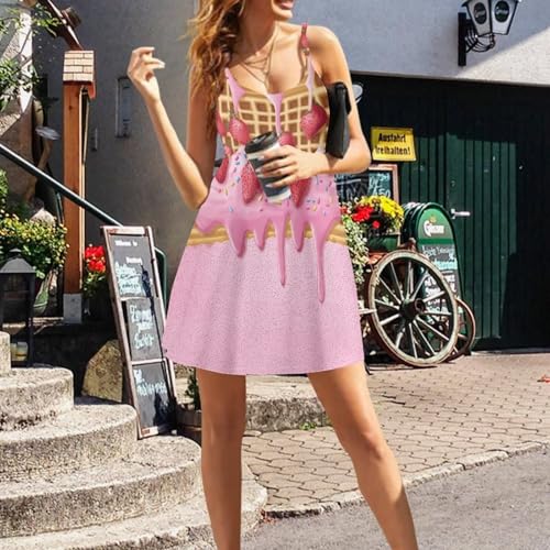Image of Women's Spaghetti Strap Dress Summer Casual Swing Sundress Girls Beachwear Swing Mini Dress
