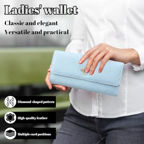 Women's Long Tri-fold Wallet Leather Card Holder Purse Zipper Buckle Elegant Clutch Wallet Handbag for Women Blue4