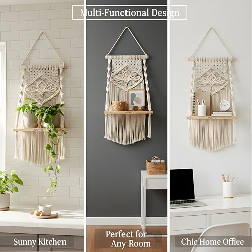 Image of Macrame Wall Hanging Shelf | Boho Decor Floating Wood Shelf with Adhesive Wall Hook | Handmade Cotton Rope Plant Holder for Bedroom, Living Room, Nursery | Size: 30 x 55 cm (Off-White)