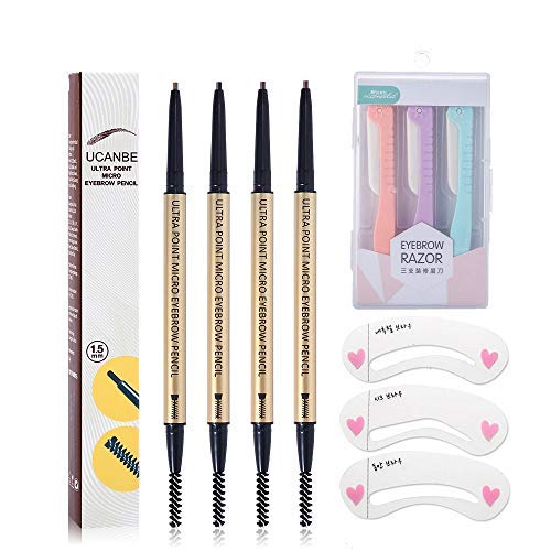 UCANBE 4pcs Eyebrow Pencils 3pcs Eyebrow Razor For Women Trimmer 3pcs Eye Brow Stencils Kit Waterproof Brown Pen Long Lasting Brow Eye Makeup