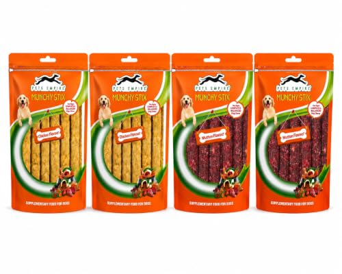 Image of PETS EMPIRE Munchy Stix Dog Treats, Chicken | Mutton Flavour Chew Sticks | Healthy Reward Treats for Dogs | High Protein Daily Chews (500 G, 500g Chicken+Mutton Pack of 4, Pack of 4)