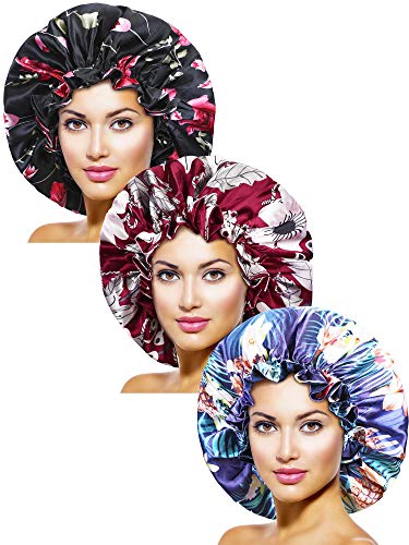 3 Pieces Women Extra Large Satin Sleep Bonnet Drawstring Nightcap Adjustable Wide Edge Sleeping Hat for Women Girls Favors, 3 Colors