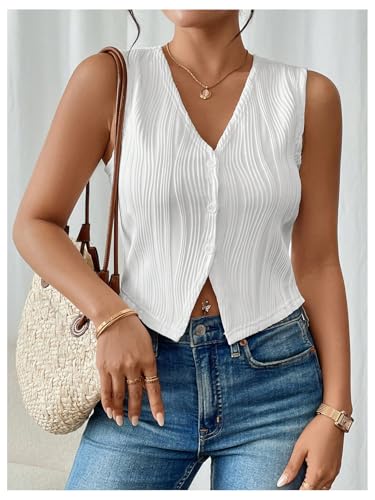SOLY HUX Women's Button Down Vest Sleeveless V Neck Textured Shirt Summer Tank Tops Waistcoat4