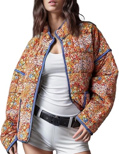 Women's Cropped Quilted Jacket Floral Print Puffer Jackets Lightweight Long Sleeve Warm Puffy Cardigan Coat 2024 Trendy