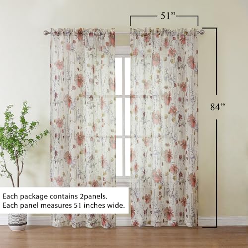 Image of OWENIE Crushed Sheer Curtains 84 Inches Long 2 Panels Set, Sheer Floral Curtains Printed Drapes on Sheers for Living Room Bedroom, Rod Pocket Light Filtering Window Sheers (2 Panels, 51 inch x 84 inch)