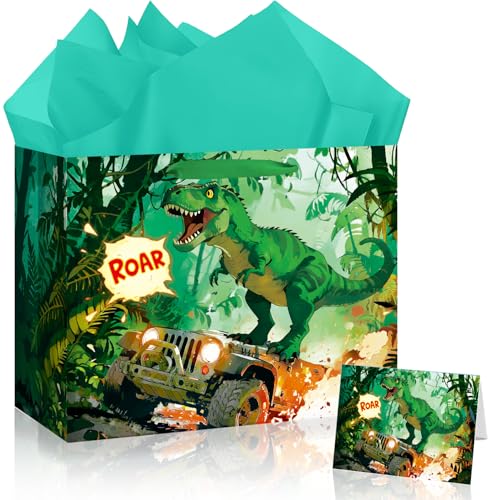 Cut-Nic 12 Roar Dinosaur Gift Bag Birthday Gift Bag Set with Handles Greeting Card Tissue Papers for Boys Girls Kids Birthday Party Baby Shower Newborn New Moms or Parents 1 Pcs