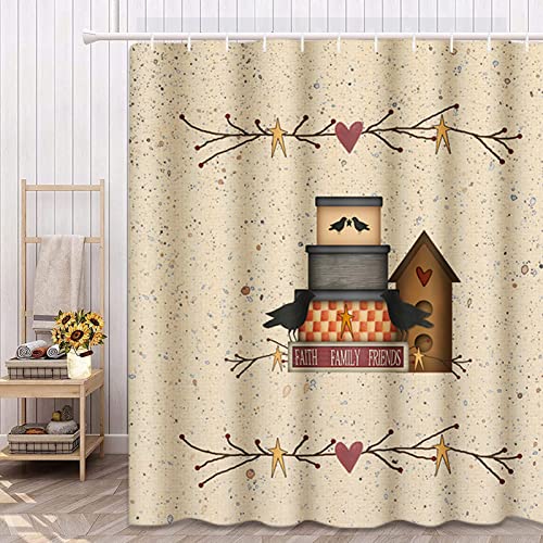 Semtomn Shower Curtain Waterproof Polyester Fabric 72 X 72 Inches Heart Primitive Faith Family Friends Country Pip Berry Birdhouse Set With Hooks Decorative Bathroom Curtains #TOP2