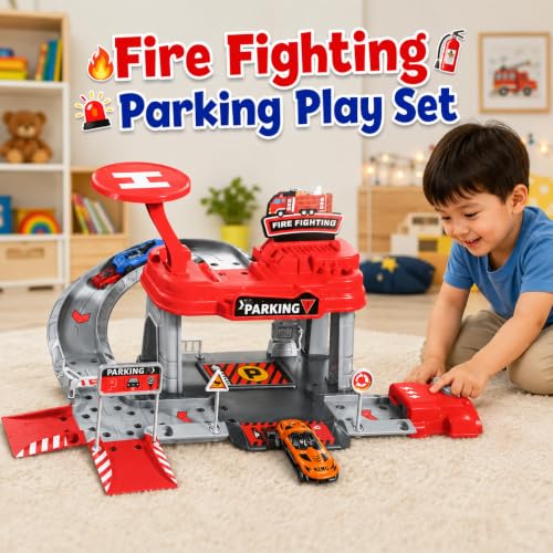 Image of WISHKEY Car Launcher Toys for Kids Parking Lot Toy for Kids 3+ Years, DIY Engineering Garage Playset with Die-Cast Car, Building Track, Launcher, Pretend Play Activity, Birthday Gift for Boys Red