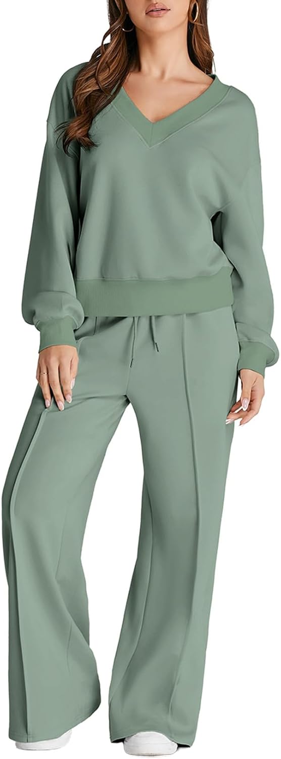 Herseas Women 2 Piece Outfits Sweatsuit 2025 Fall Casual V Neck Sweatshirt with Wide Leg Sweatpants Tracksuit Lounge Set