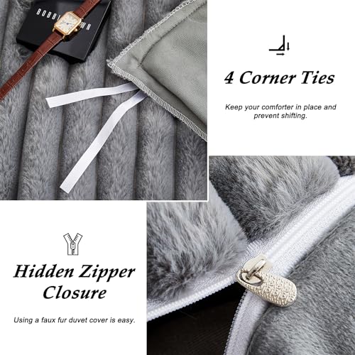 Image of Fluffy Duvet Cover Queen Size Ultra Soft Faux Fur Bedding Set Grey Winter Warm Vertical Striped Comforter Cover Set 3 Pcs Warm Fuzzy Bed Sets Luxury Plush Bed Sets with 2 Pillow Shams