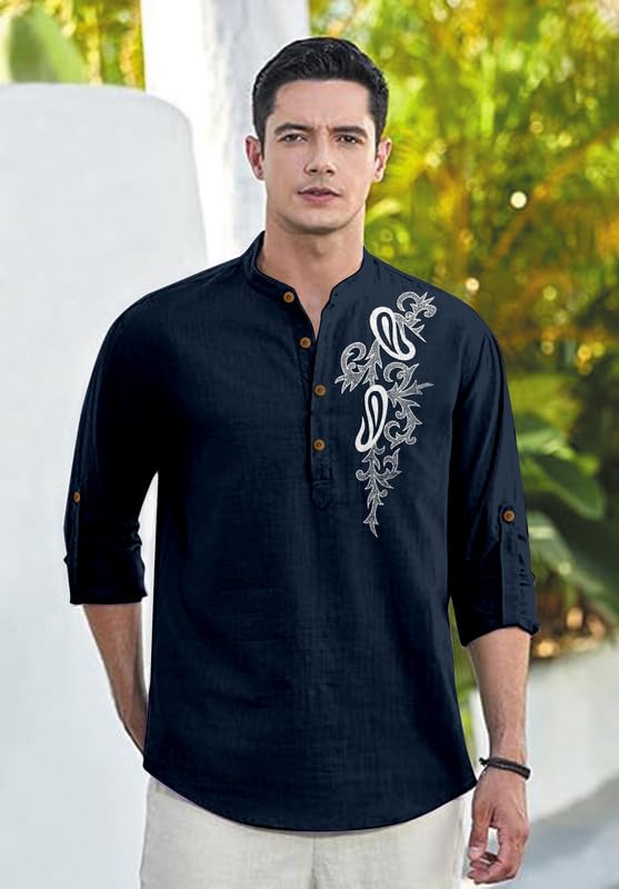 Image of Men's Printed Cotton Blend Short Kurta | Regular Fit Casual Kurta Shirt for Men with Mandarin Collar | Ethnic