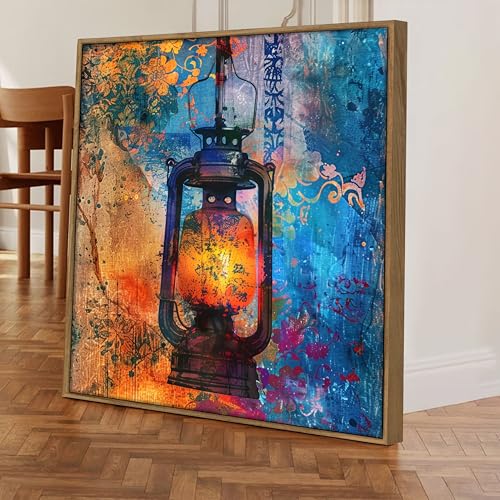 Image of Vintage Lantern Framed Canvas Wall Art Painting for Living Room | Colorful Rustic Abstract Artwork Painting with Frame | Modern Decorative Wall Decor for Home & Office, 23x23 Inch