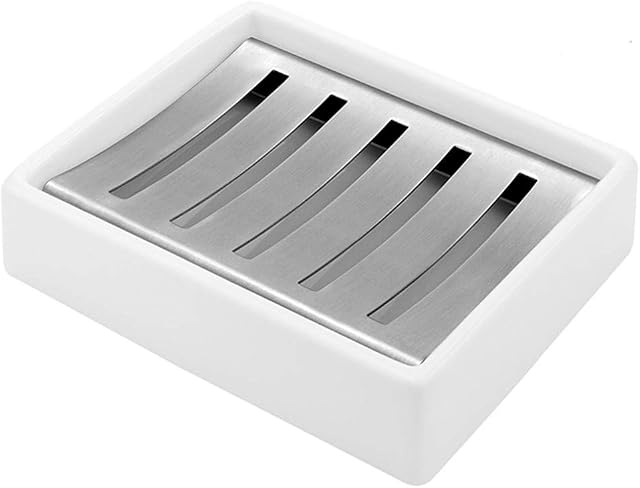 MUAMAX Ceramic Soap Dishes Holders White Self-Draining Soap Tray Double Layer Soap Drainage Holder for Bathroom Shower Draining Soap Holder Dual Layer Soap Dish