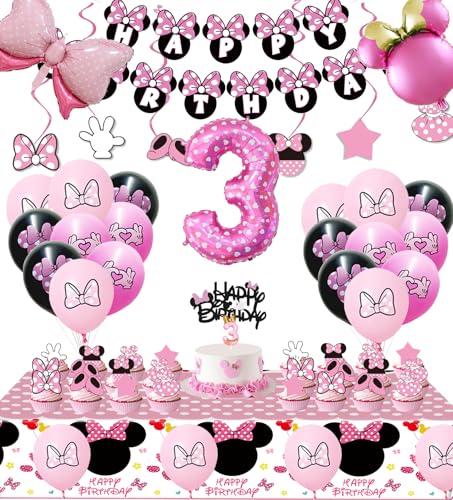 Pink Mouse 3rd Birthday Party Supplies Three Years Old Girl Bow Party Decorations 3 Includes Happy Birthday Banner Hanging Swirls Tablecloth Cake Cupcake Toppers Bow Foil Balloon Latex Balloons