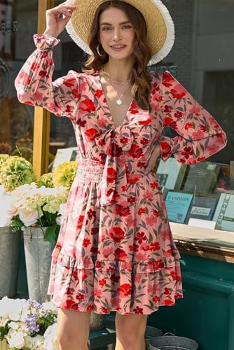Image of Dokotoo Womens Casual Spring Fall 2025 Deep V Neck Knotted Tiered Chiffon Elegant Mini Short Swing Skater Dresses