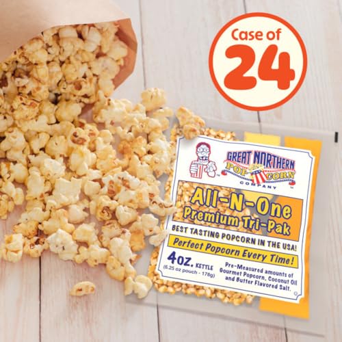 Image of 4oz Popcorn Machine Popcorn Packets - All-in-One Movie Theater Style Popcorn Kernels, Salt, and Oil Packs by Great Northern Popcorn (24 Case)
