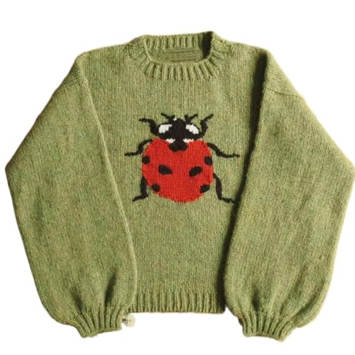 Umhje Women's Oversized Sweater Whimsy Twee Funky Ladybug Print Whimsical Y2K Knit Sweaters Pullover Whimsigoth Clothes (Green-Ladybug,Large)
