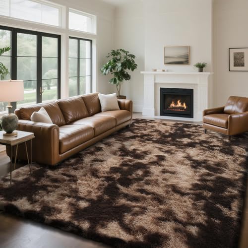 Fluffy Rug Shaggy Area Rug, Mottling Brown 9x12 Area Rugs for Living Room, Large Shag Area Rugs for Bedroom Kids Room Home Decor, Upgrade Anti-Skid Rectangular Fuzzy Rugs