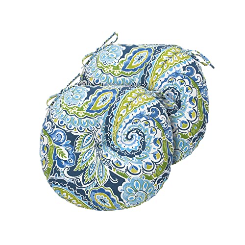Magpie Fabrics Outdoor Round Bistro Seat Cushions with Ties, 15"x15"x4" Set of 2, Tufted Waterproof Barstool Chair Pads for Patio Home Garden Office, Paisley Lapis Green