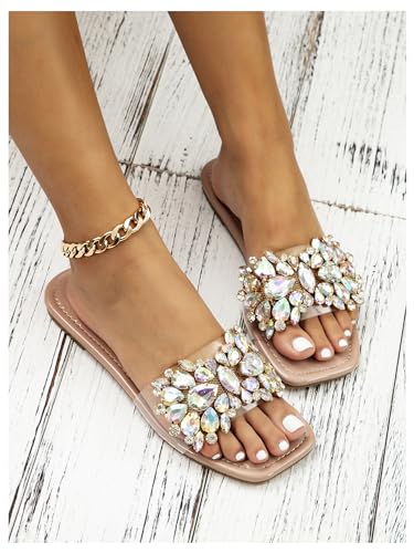 Verdusa Women's Rhinestone Clear Flat Sandals Square Toe Slides Sparkle Transparent Sandals3