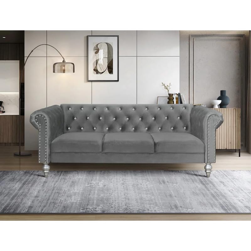 Image of Jabarion Classic Tuxedo Design Sofa | Loveseat with Armrest, Removable Cushions and Wood Legs - Grey Living Room Sofa