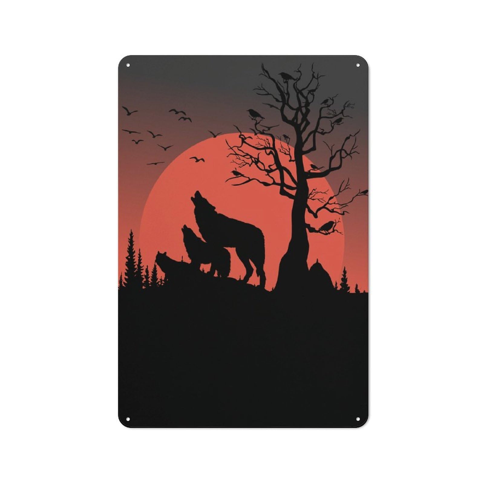 Rustic Tin Wall Plaque 30x20cm Featuring Wolves Howling at A Red Moon for Pub Or Café, A Decorative Christmas Gift for Café Interior Fans