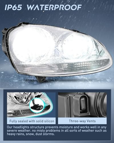 Image of Nilight Headlight Assembly Compatible with 2005 2006 2007 2008 2009 2010 Volkswagen Jetta 2006-2009 VW Rabbit GTI Headlamp Chrome Housing Driver and Passenger Side | For Jetta 2005 2006 2007 2008 2009 2010 VW Rabbit GTI 2006-2009 Chrome Housing Amber Reflector Headlight Driver & Passenger