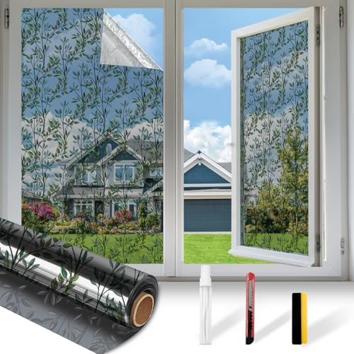 Countewol Upgraded Window Privacy Film One Way Daytime Privacy Static Cling Sun Blocking Anti UV Reflective Window Tint for Home and Office (Black - Silver?Leaves?, 17.5 X 78.7 in)