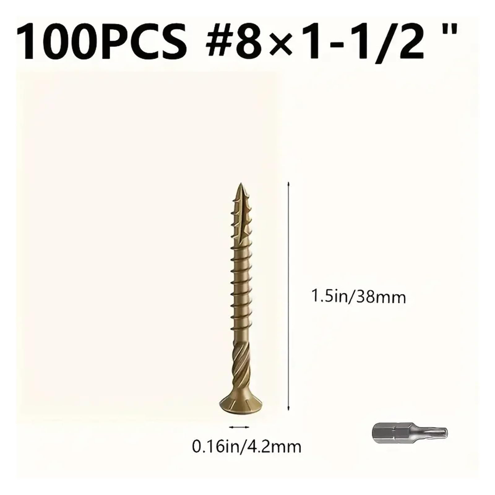 Vis à bois à tête plate 100 pièces #8x1-1/2", #8x2", #10x3" - Revêtement époxy antirouille brun doré, foret étoile T20 compatible avec(8x1-1 2)