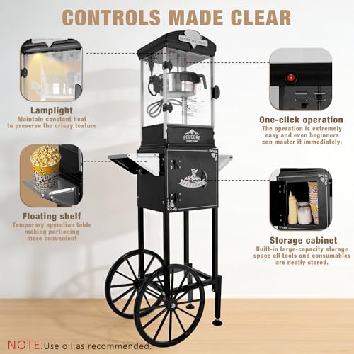 Image of 10oz Popcorn Machine with Cart - Vintage Movie Theater Style Maker - Shatterproof Acrylic and Storage Cabinet for Home Parties, Concessions - Black
