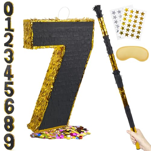 PCFING 20 Inch Number 7 Piñata Gold Black with 30 Inch Piñata Stick Blindfold Confetti for Man Women Kids Birthday Party Decorations, Anniversary Celebration, Fiesta