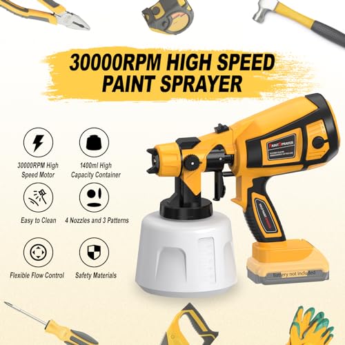 Cordless Paint Sprayer 30000RPM High Speed for Dewalt 20V MAX Battery 1400ml High Capacity Container Spray Paint Gun 4 Nozzles and 3 Patterns for Furniture Home House Painting(Tool Only)