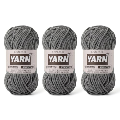 Image of Fluffy Chenille Yarn for Crocheting - Baby Yarn for Crocheting Soft Blanket - 3 Pack of 100g /(87.4yds) Crochet Amigurumi Chunky Yarns - Super Bulky 5 Velvet Yarns (3 Dark Gray)