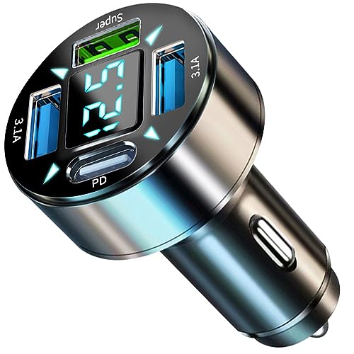 KANOYO【2023改良モデル】4ポート車載充電器 USB-C & USB【66W 4ポート】カーチャージャー シガーソケット PD 20W+QC3.0ポート 軽量化急速充電 電圧計 LED表示 カー用品 15pro/15/14pro/14/13/12/