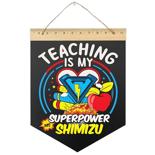 Teaching is my Superpower Sign, Personalized Teacher Name Sign by Bloom Owl, Best Teacher Gifts for Women and Men, Cute Styles for Last Day, Thank You, Graduation (Superhero Blue)