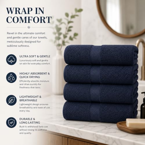 Image of Sulfar 100% Combed Cotton, Quick Drying Highly Absorbent Thick Bathroom Towels, Luxury Bath Towel Set (Pack of 4, 70 X 140 cm) - 600 GSM (Navy)