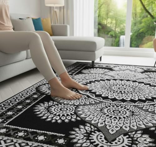 Image of Cotton Carpet 5x7 Feet Soft Velvet Rug for Living Room, Hall & Bedroom | Floor Carpet for Home | Designer Dari 150x210 cm | Non-Slip, Trendy & Durable Kalin Rectangle (Black)