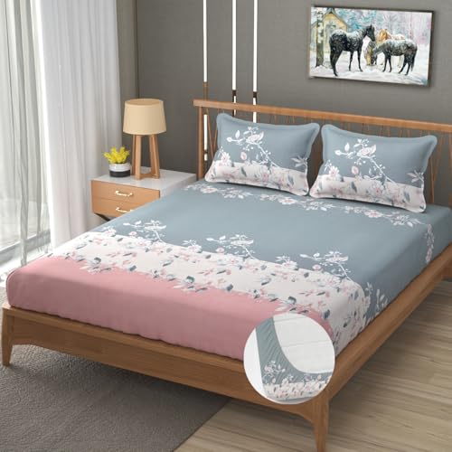 Image of Vram Premium Heavy Cotton Elastic Fitted Bedsheets with 2 King Size Pillow Covers || Double Bed with All Around Elastic 350 TC || 72 x 78 x 10 Inch King Size Fitted || :- Pink Tricolor