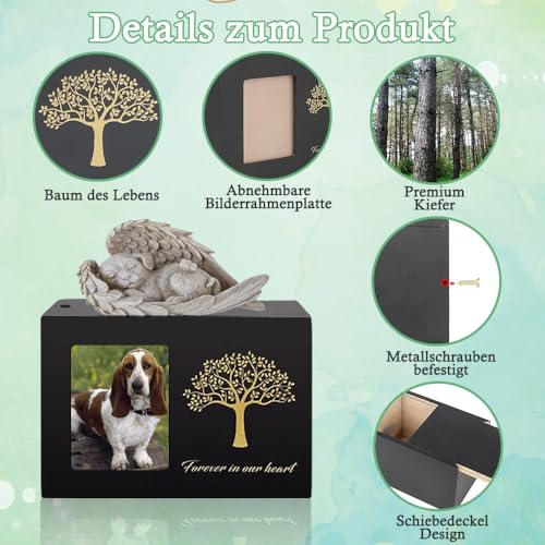 Exquilnova Tierurnen für Hunde, Holz Schwarz Urne Hund, Hunde Urne mit Hund Engel und Fotorahmen, Gedenkbox für Asche Katze und Andere Haustiere – zur ewigen Erinnerung (Hundeengel)