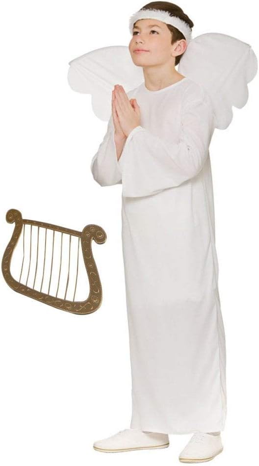 Boys Nativity Angel Costume Christmas + Wings Halo + Gold Harp Unisex Kids Fancy Dress (5-7 years)