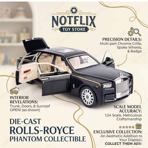 Image of 1:24 Rolls-Royce Phantom Diecast Metal Car - Realistic Pullback Toy with Lights & Sounds for Boys, Kids, and Car Collectors [Multicolor] [Pack of 1]
