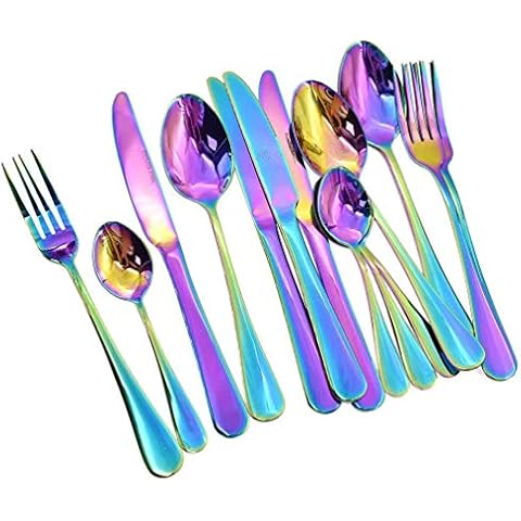 EVERGD Rainbow Cutlery Set, 16-Pieces Stainless Steel Tableware Set Colorful Romantic Dinner Set Rainbow Flatware Dinnerware Set Cover